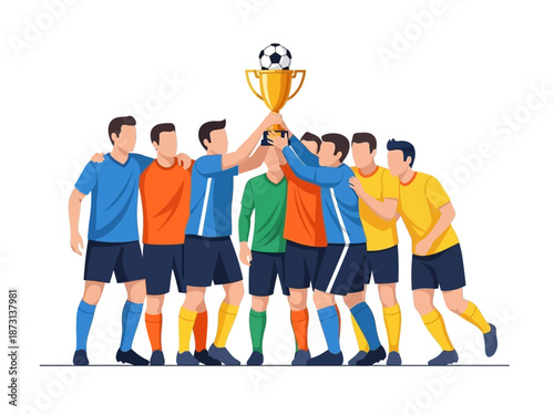 Dynamic flat vector illustration of soccer players celebrating a championship victory