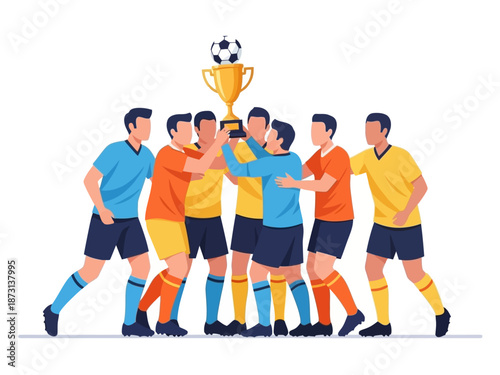 Dynamic flat vector illustration of soccer players celebrating a championship victory