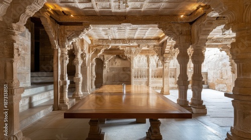Capturing the elegance of a richly decorated dining hall, this image features intricately carved pillars and a wooden table set for an enchanting experience.