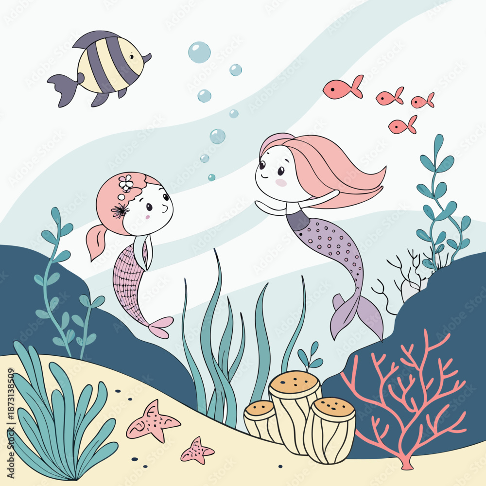 Obraz premium Cute Mermaid Friends Undersea Adventure Illustration for Children.