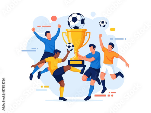 Dynamic flat vector illustration of soccer players celebrating a championship victory