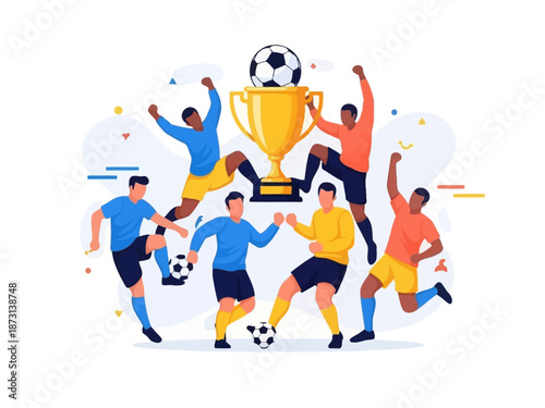 Dynamic flat vector illustration of soccer players celebrating a championship victory