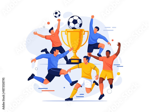 Dynamic flat vector illustration of soccer players celebrating a championship victory