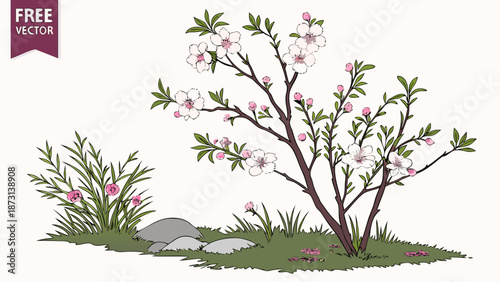 Elegant Floral Illustration Blossoming Tree and Lush Bushes.