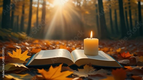 A candle-lit open book rests on autumn leaves