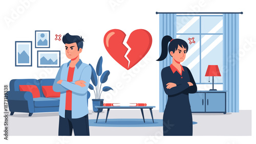 Vector illustration of a couple in conflict, with a broken heart symbol symbolizing relationship problems