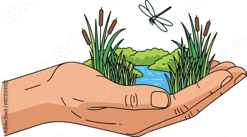 Hand holding a miniature wetland ecosystem with cattails water and a dragonfly.