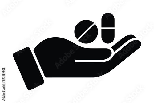 Black vector hand holding two pills as symbol for medication
