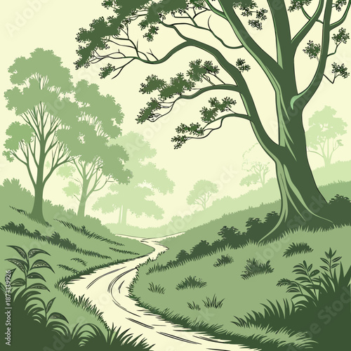 Serene Forest Path Illustration with Lush Green Trees.