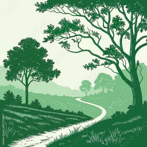 Serene Green Landscape with Winding Path and Trees.