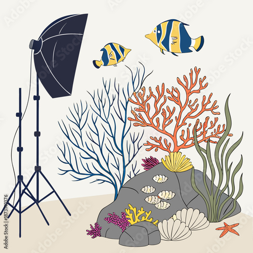 Underwater Photography Studio with Fish and Coral Reef.