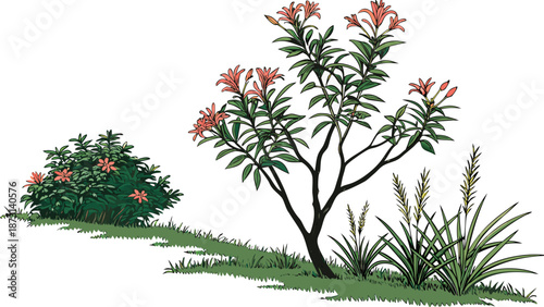 Vibrant Garden Scene with Flowering Bush and Tree.