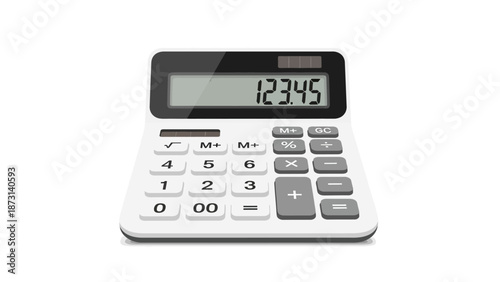 Modern white calculator with digital display on plain background