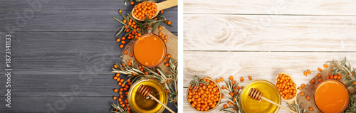 Sea buckthorn juice or tea with honey on a black and white wooden background with copy space for your text. Top view