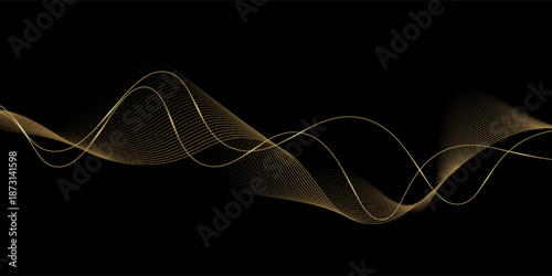 Abstract Gold Waves Design. Shiny golden moving lines design element with glitter effect on dark background for Business card.