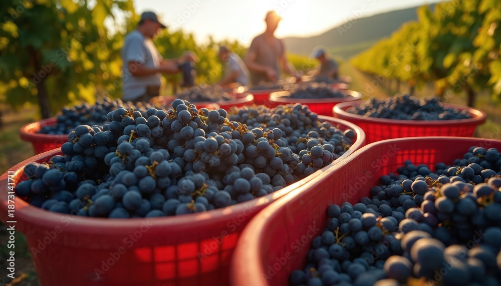 Obraz premium Several men work in vineyard. Group harvest ripe blue grapes in baskets. Vineyard plantation rows are on background. Autumn harvest concept and winemaking business concept at sunset.