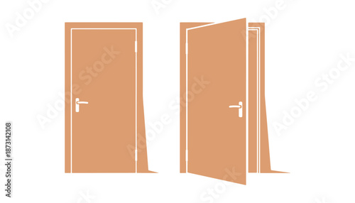 An illustration of wooden color doors, one is shut and the other is opening up to new possibilities. Realistic approach.