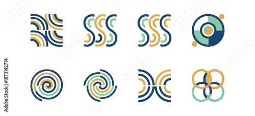 Abstract geometric patterns in blue yellow and green on black background