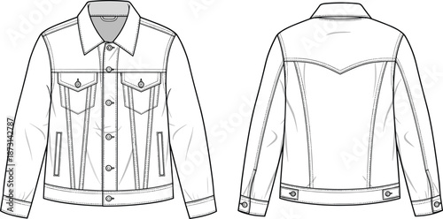 Classic denim jacket technical fashion template with front and back views, mens casual outerwear apparel design, cad drawing flat vector illustration isolated on white background