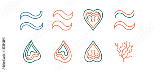 Abstract graphic design elements in teal and coral colors on black