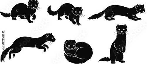 Otter silhouette character set with running jumping sleeping standing poses black aquatic wildlife animal vector illustration