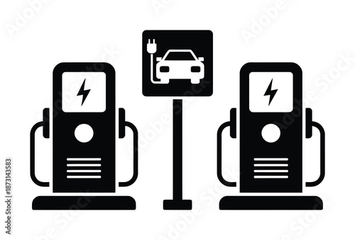 Vector illustration of electric vehicle charging stations with signage and chargers.