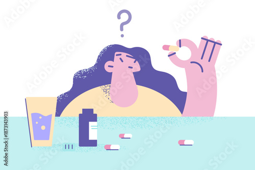 Unsure woman feel doubtful about medicine taking