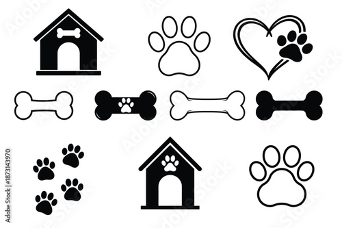 Pet Care Dog Paw Bone and Kennel Icons Collection in Black on White Background