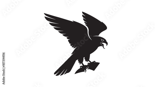 Black Eagle Flying with Fish in Talons on White Background