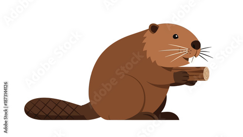 Cute cartoon beaver holding a wooden log, an adorable wild animal illustration