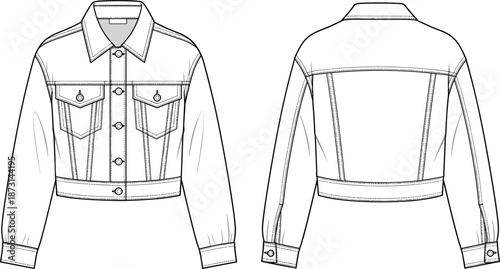 Women cropped denim jacket technical fashion illustration, front and back view CAD drawing flat vector illustration for apparel design manufacturing pattern development