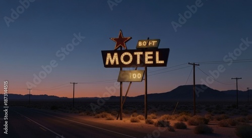 Desert motel sign glows against twilight sky