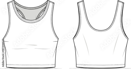 Women tank top technical fashion template front and back views, sleeveless crop top apparel design, cad drawing flat vector illustration isolated on white background
