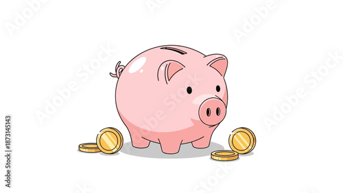 Cute pink piggy bank with gold coins for saving money