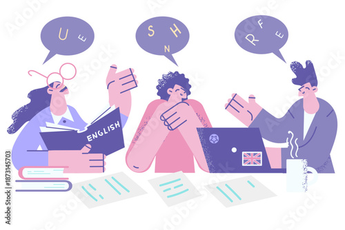 Happy diverse people study together using laptop