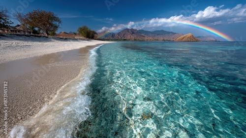 Tropical beach with a rainbow over mountains and clear turquoise water. Illustrate relaxation, travel, or the beauty of natural wonder.