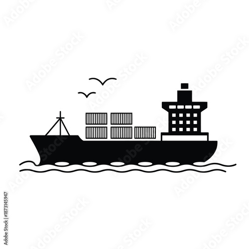 Black vector cargo ship transporting containers across the sea under a clear sky