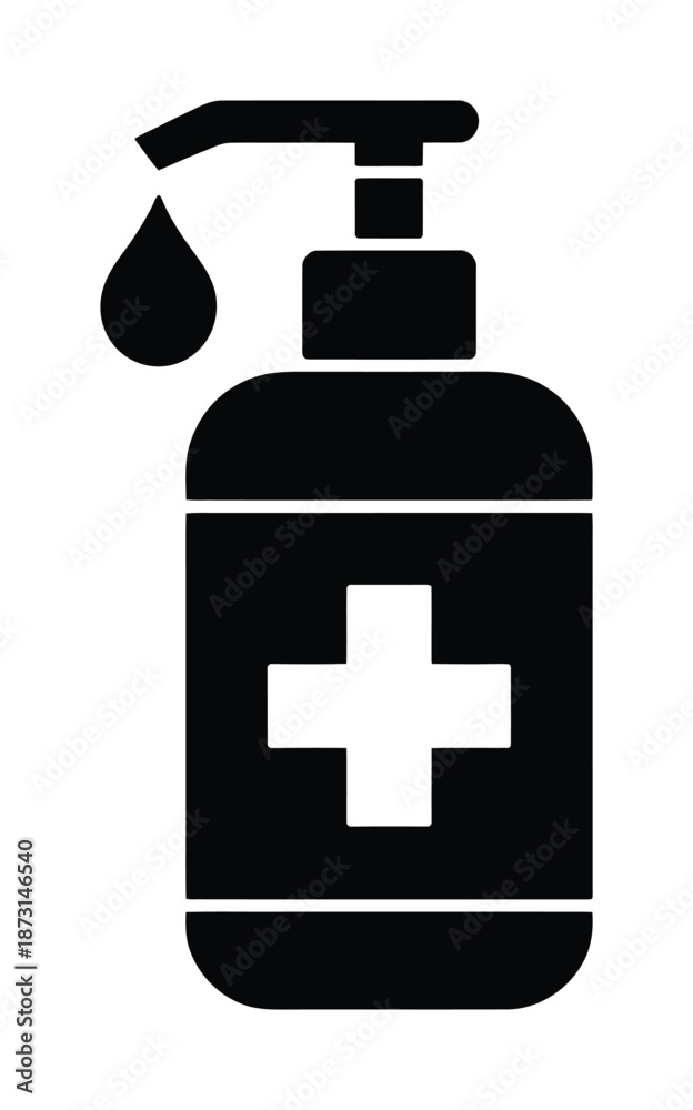 Fototapeta premium Black and white vector icon of hand sanitizer with a medical cross