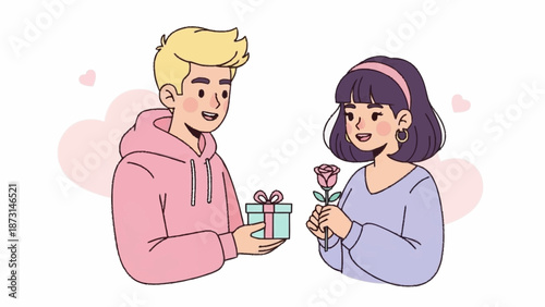 Man giving gift to woman with flower in hand, standing face to face with smiling expressions