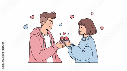 Man giving a gift to a woman, surrounded by floating hearts in a simple illustration