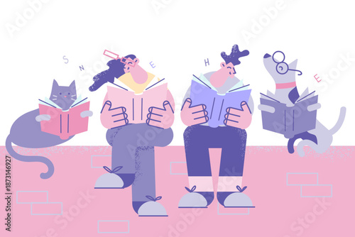 Happy couple with pets enjoy reading books