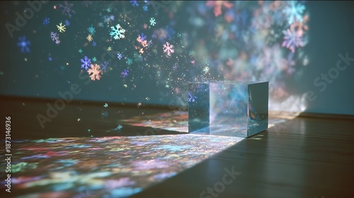 A square prism reflects colorful snowflake projections. The light plays on a wooden floor and white wall
