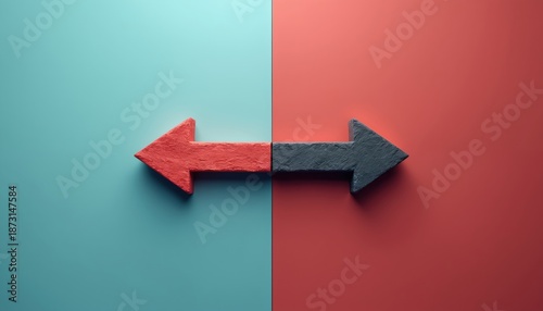 Two textured arrows, one red left, one gray right, point away from each other on split background. Symbolizing divergence choice conflict or opposition paths.