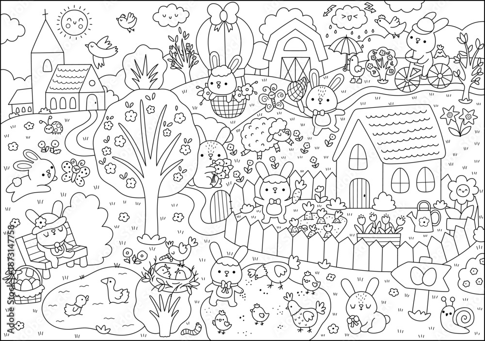 Obraz premium Vector Easter village black and white landscape. Rural nature detailed line scene with church, bunny, colored eggs, animals, house with garden, chicks. Spring holiday background for kids