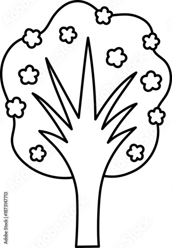 Vector blossoming tree line icon isolated on white background. Garden, forest, Japanese cherry plant with flowers and leaves. Black and white spring, Easter or farm illustration, coloring page