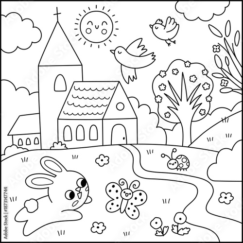 Vector Easter village square landscape, coloring page. Rural line scene with bunny on meadow jumping for butterfly. Spring holiday black and white background for kids with church, birds, sun