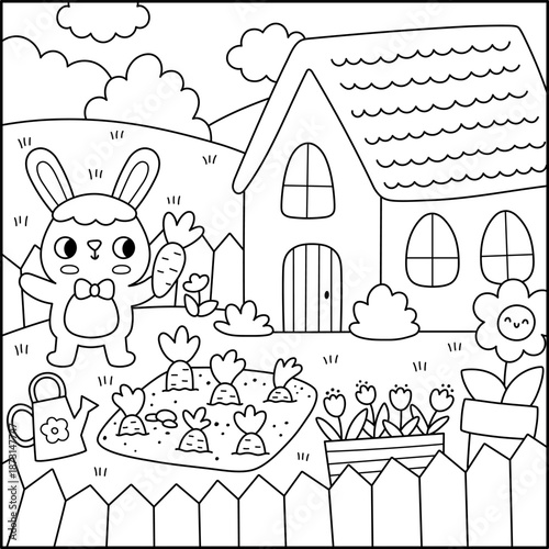 Vector Easter village square line landscape. Rural scene with bunny in the garden with carrot bed. Spring holiday black and white background, coloring page for kids with country house