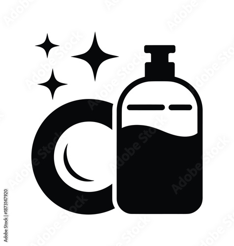Black vector graphic of dish soap bottle and clean plate with sparkles
