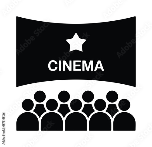 Black and white vector cinema icon with audience watching movie
