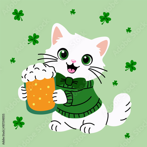 Happy Cat in Green with Beer for St. Patrick’s Day Celebration